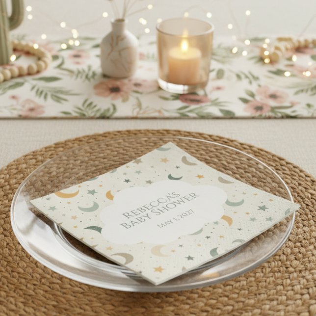 Adoptionsdusch för måne och Stars Boho Baby Pappersservett (Personalized Boho baby shower featuring moon and stars)