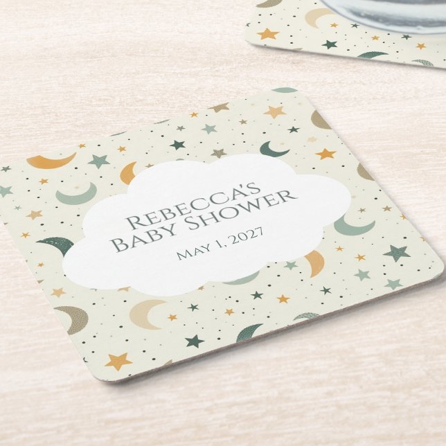 Adoptionsdusch för måne och Stars Boho Baby Underlägg Papper Kvadrat (Boho moon and stars personalized baby shower drink coasters)