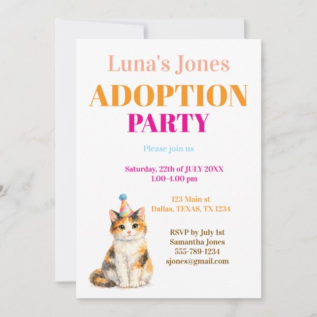 Adoptionsfest Gotcha-dagen Trikåfärgad katt Husdju Inbjudningar (Framsida)