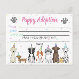 Adoptionskort för gosedjurvalp som partygåva vykort