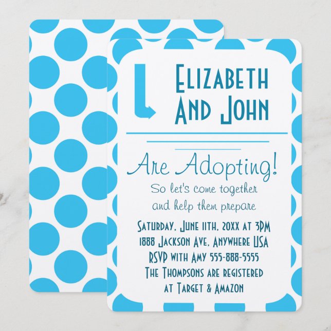 Adoptionsskjut Modern blå och vita punkter Inbjuda Inbjudningar (Fram/baksida)
