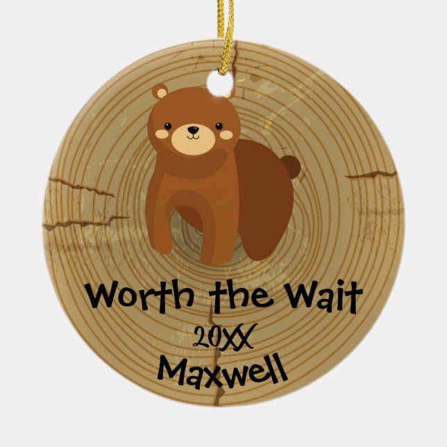 Adoptiv- - skräddarsy brun björnadoptiongåva julgransprydnad keramik (Framsidan)