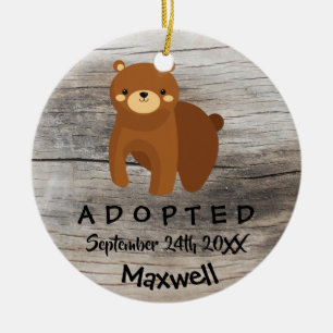 Adoptiv- - skräddarsy brun björnadoptiongåva julgransprydnad keramik