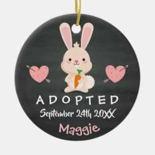 Adoptiv- - skräddarsy rosa kaninadoptiongåva julgransprydnad keramik