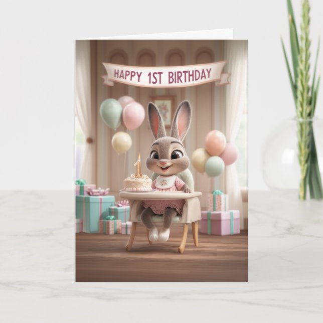 Adorable Baby Bunny First Birthday Celebration Kort (Framsida)