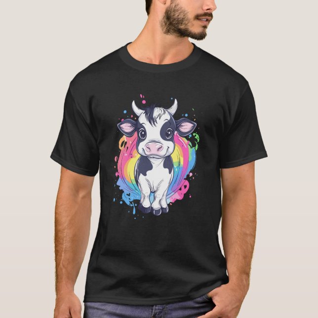 Adorable Baby Calf with Rainbow Splash Cartoon T Shirt (Framsida)
