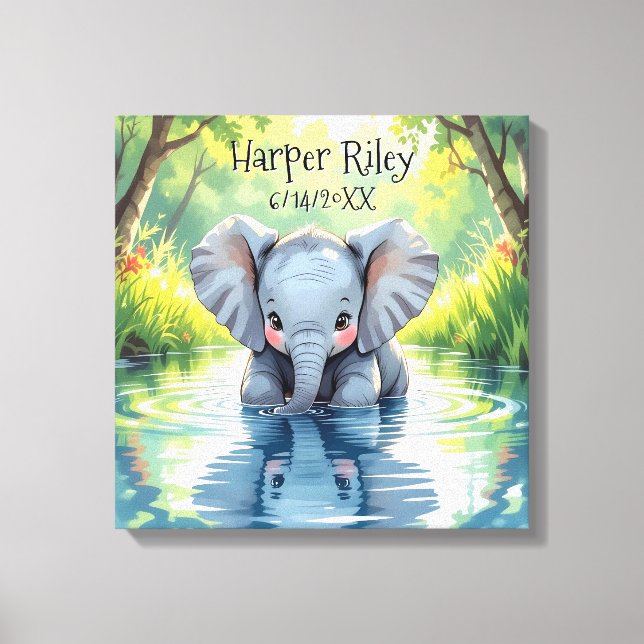 Adorable Baby Elephant and Reflection Personalized Canvastryck (Framsida)