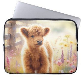 Adorable Baby Highland Cow In Flower Field Laptop Fodral
