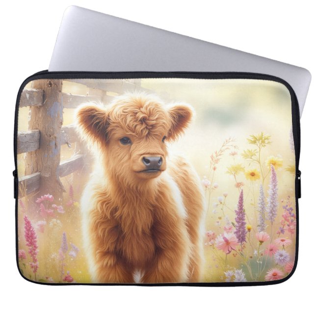 Adorable Baby Highland Cow In Flower Field Laptop Fodral (Framsidan)