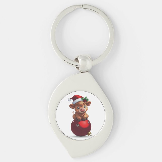 adorable baby highland cow sitting swirl silverfärgad nyckelring (Framsidan)