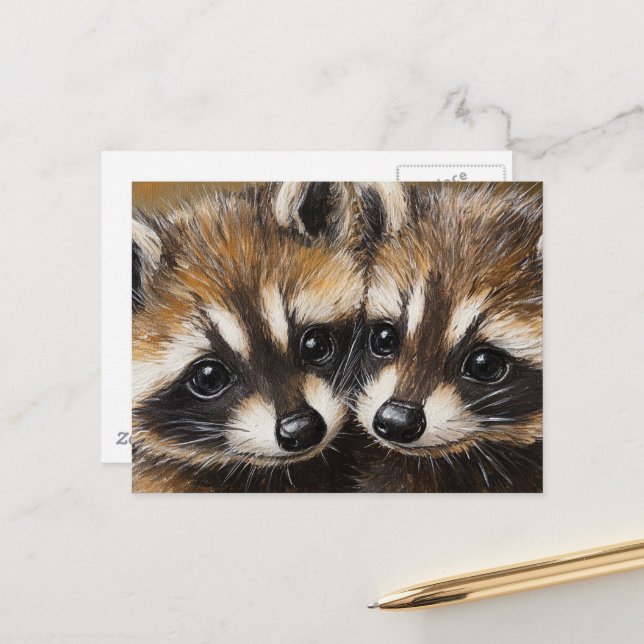 Adorable Baby Raccoons Painting Vykort (Fram/Back In Situ)