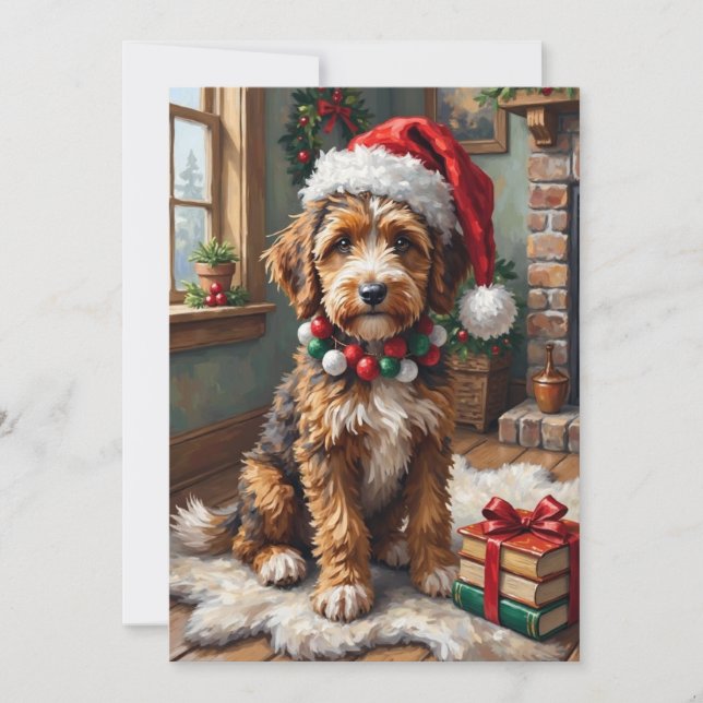 Adorable Bernedoodle Dog Cozy Knitted Santa Hat Julkort (Framsida)