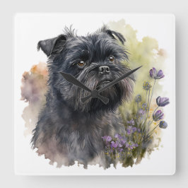 ADORABLE BLACK AFFENPINSCHER HUND with FLOWERS Fyrkantig Klocka