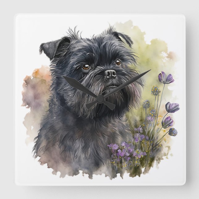 ADORABLE BLACK AFFENPINSCHER HUND with FLOWERS Fyrkantig Klocka (Framsida)