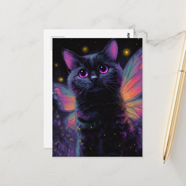 Adorable Black and Purple Cat Fairy Vykort (Fram/Back In Situ)