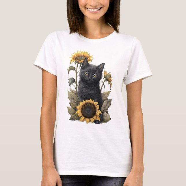 ADORABLE BLACK BOMBAY KITTEN with SUNFLOWERS T Shirt (Framsida)