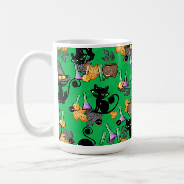ADORABLE BLACK HALLOWEEN KITTEN MED GRÖNT ÖGA KAFFEMUGG (Vänster)