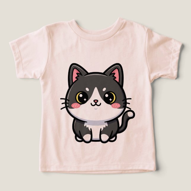 Adorable Black White Kawaii Kitten T Shirt (Design Framsida)