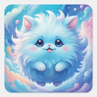 Adorable blue fluffy creature fyrkantigt klistermärke
