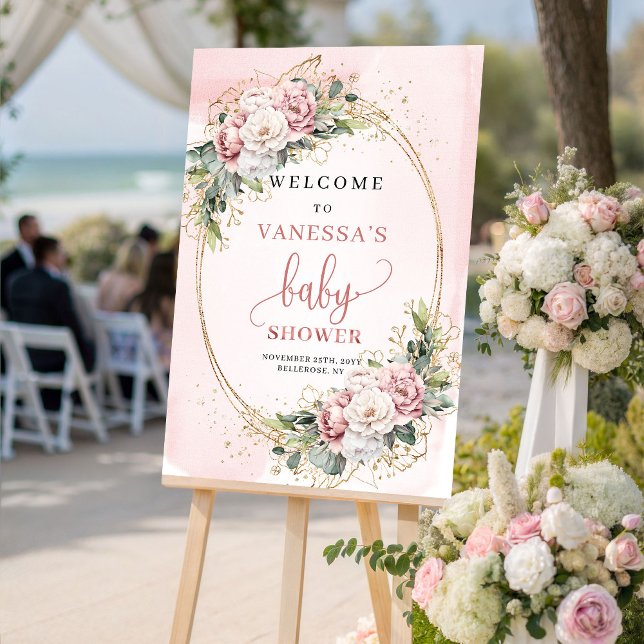 Adorable Blush Pink Floral Baby Shower Welcome Sig Poster (Adorable Blush Pink Floral Baby Shower Welcome Sign)