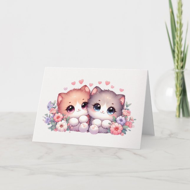 Adorable Blushing Kitten Pair Heart & Floral Blank Kort (Framsida)