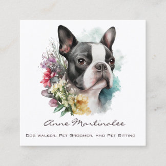 Adorable Boston Terrier and Flowers Watercolor Fyrkantigt Visitkort