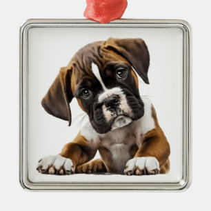 ADORABLE BROWN & WHITE BOXER PUPPY HUND JULGRANSPRYDNAD METALL
