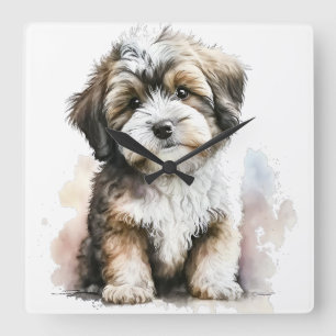 ADORABLE BROWN & WHITE HAVANESE PUPPY HUND FYRKANTIG KLOCKA