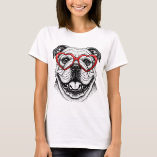 Adorable Bulldog in Red Heart Glasses - Love Dog  T Shirt