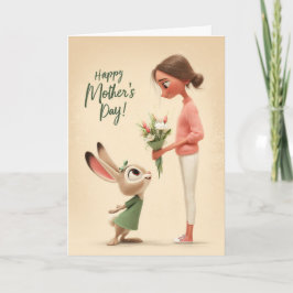 Adorable Bunny Giving Flowers Mother's Day Card Kort