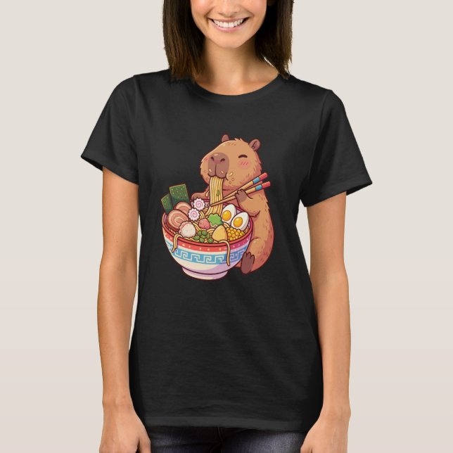 Adorable Capybara Eating Ramen Noodles Kawaii Desi T Shirt (Framsida)