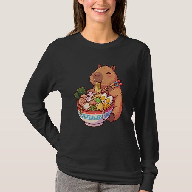 Adorable Capybara Eating Ramen Noodles Kawaii Desi T Shirt (Framsida)