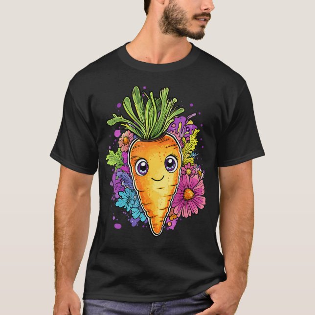 Adorable Carrot Surrounded By Colorful Blooms T Shirt (Framsida)