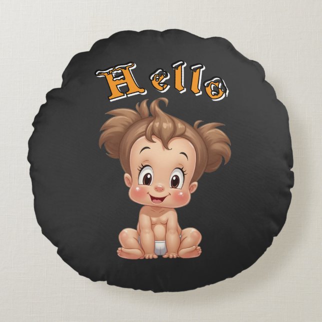Adorable Cartoon Baby Sitting Cheerfully with Cute Rund Kudde (Framsidan)