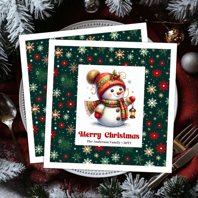 Adorable cartoon snowman with snowflakes kids  pappersservett (Adorable cartoon snowman with snowflakes kids napkins)