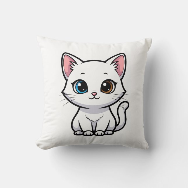 Adorable Cartoon White Cat Kudde (Framsida)