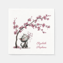 Adorable Cat and Cherry Blossoms Paper Napkin Pappersservett