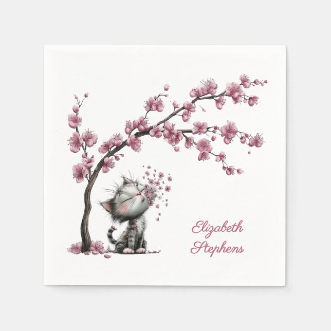 Adorable Cat and Cherry Blossoms Paper Napkin Pappersservett (Framsidan)