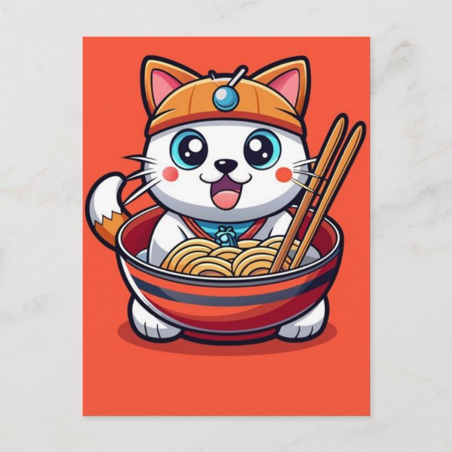 Adorable Cat Enjoying Savory Ramen Noodles Feast Helg Vykort (Framsida)