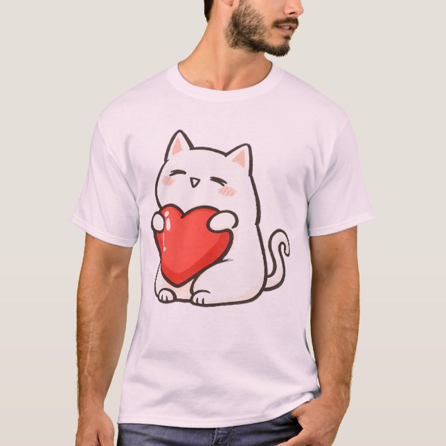 Adorable Cat Holding Heart T Shirt (Framsida)