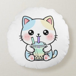Adorable Cat with Drink – Throw Pillow Rund Kudde