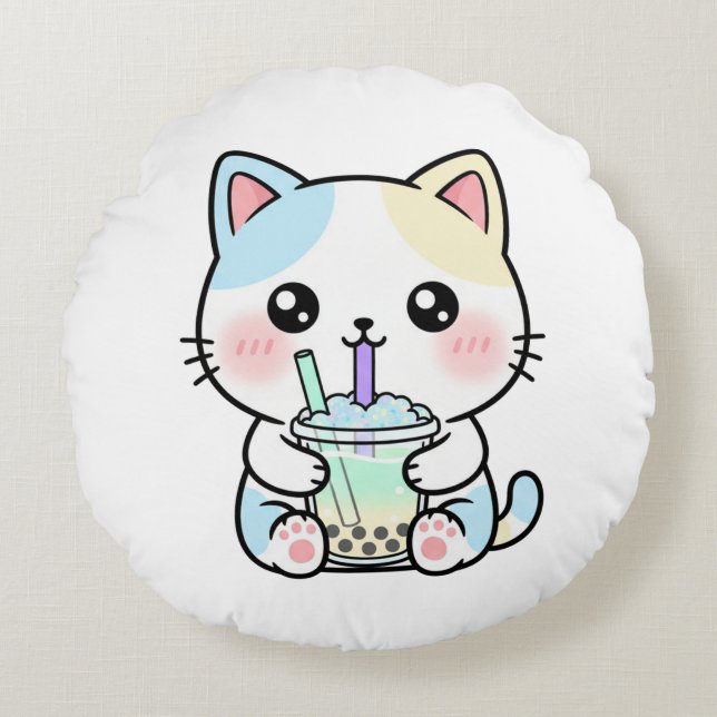 Adorable Cat with Drink – Throw Pillow Rund Kudde (Framsidan)