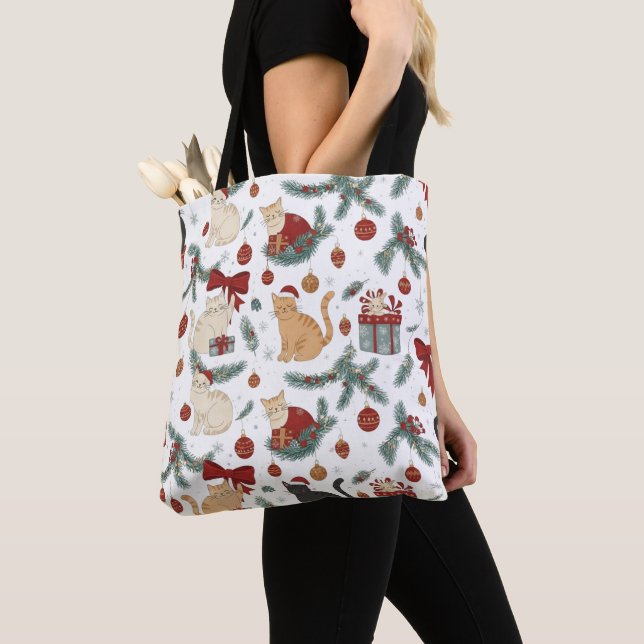 Adorable Cats and Christmas Pattern Tote Bag Tygkasse (Närbild)