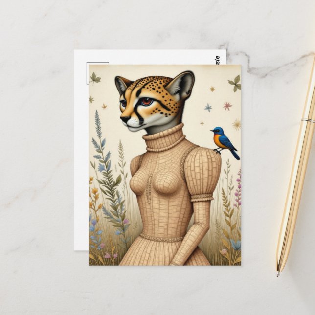 Adorable cheetah in birch bark dress with bluebird vykort (Fram/Back In Situ)