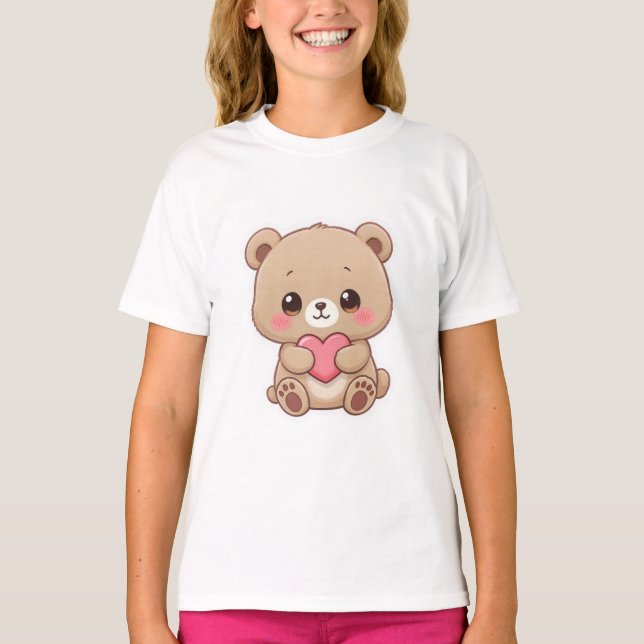 Adorable Chibi Bear with Heart  T Shirt (Framsida)