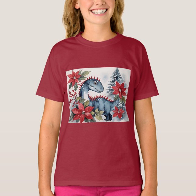 Adorable Christmas Baby Dinosaur & Poinsettias T Shirt (Framsida)