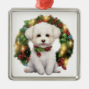 ADORABLE CHRISTMAS BICHON FRISE HUND WREATH JULGRANSPRYDNAD METALL