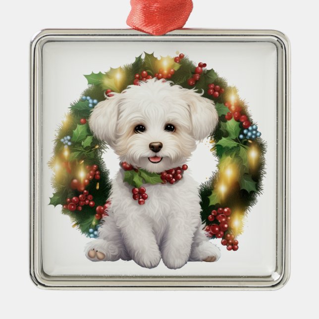 ADORABLE CHRISTMAS BICHON FRISE HUND WREATH JULGRANSPRYDNAD METALL (Framsidan)