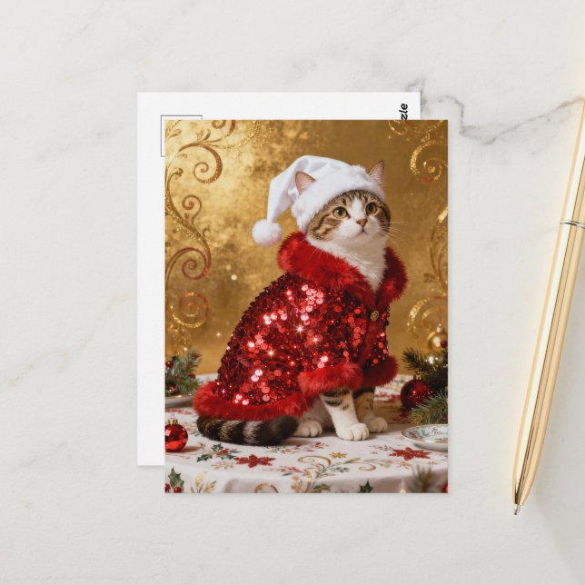 Adorable Christmas Cat Postcard Vykort (Fram/Back In Situ)
