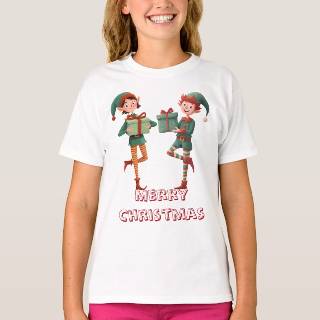 Adorable Christmas Elf with Gift Box T Shirt (Framsida)